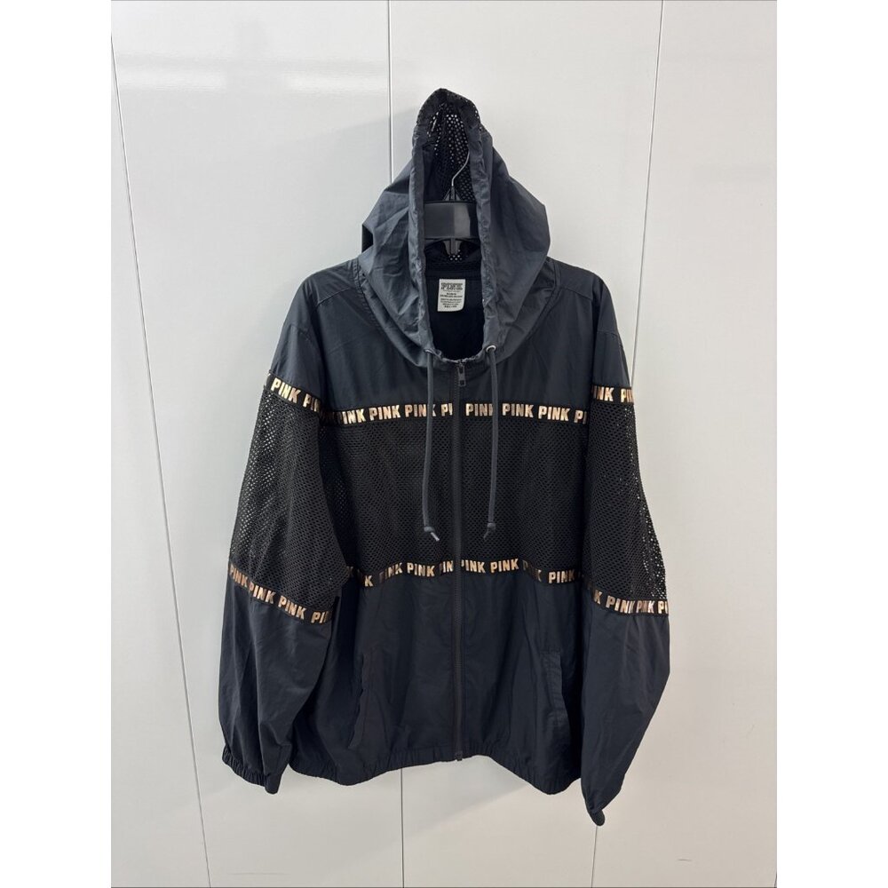 Pink By VS Womens M/L - Full Zip Hooded Windbreaker Jacket Mesh Insert Black